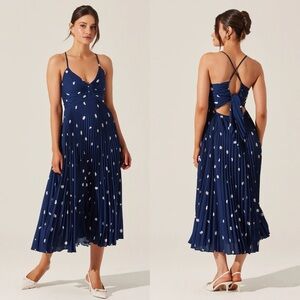 ASTR The Label Blythe Navy Polka Dot V-Neck Sleeveless Midi Dress Sz L